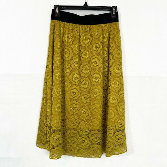 Lularoe Lace Lola Skirt in Marigold Yellow, Pull On Style Elastic Waist - XS